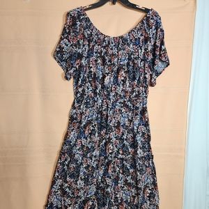 L off shoulder floral dress walking on beach, casual, work, fun, school, comfort